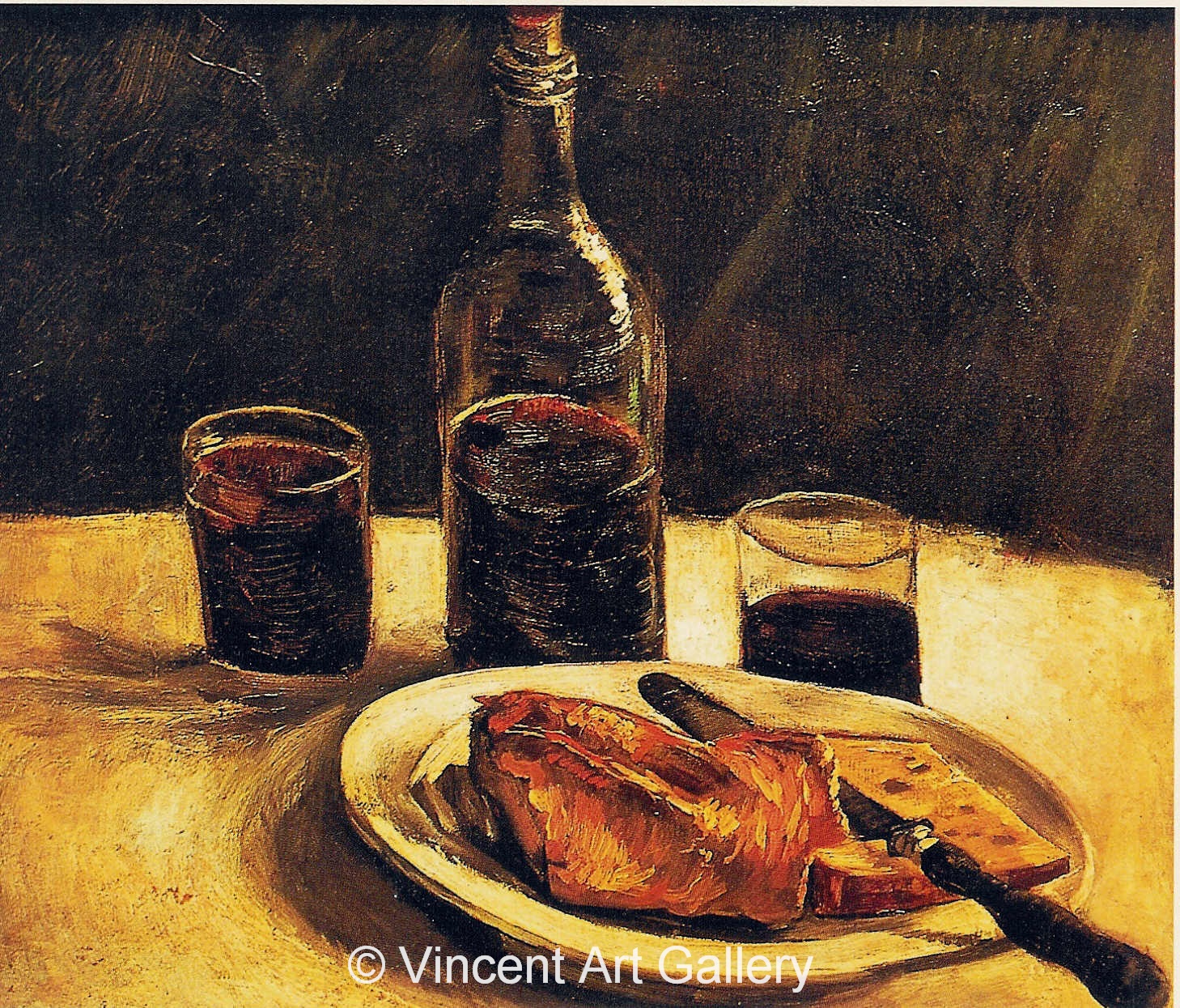 JH1121, Still Life with Bottle, Two Glasses, Cheese and Bread